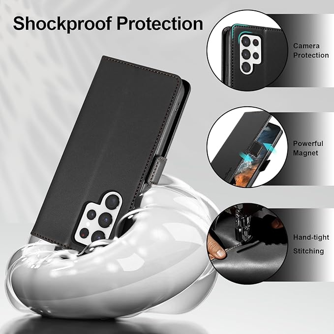 Wallet Flip Case for Samsung Galaxy S22 Ultra 5G - [RFID Blocking] Luxury PU Leather Card Holder Magnetic Phone Cover with Kickstand,Shockproof Protective Case,Black