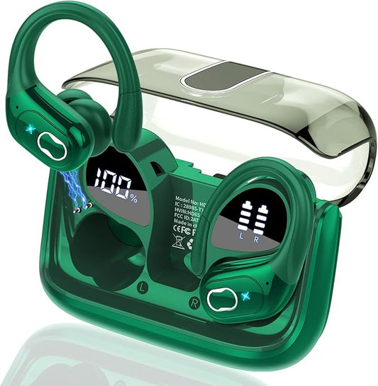 Wireless Earbuds 75hrs Bluetooth 5.4 Headphone Sport, 2025 Bluetooth Earbuds Stereo Deep Bass Over Ear Bud with Earhooks, ENC Noise Cancelling Mic, IPX7 Waterproof Earphone, Dark Green