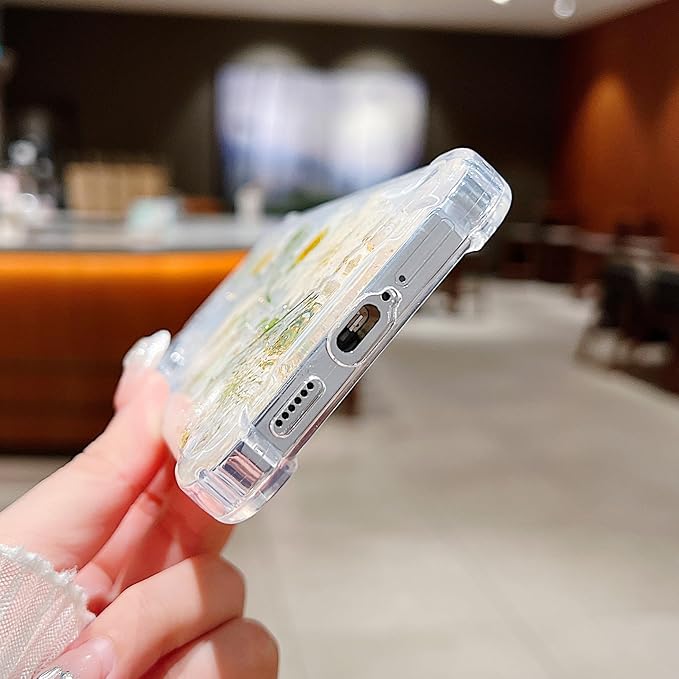 Compatible with Samsung Galaxy S24 Case Cute Pressed Dried Real Flowers Design Women Girly Shockproof Gliter Floral Clear Phone Cover for Galaxy S24 (White Flower)