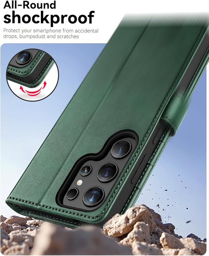 OCASE Compatible with Galaxy S25 Ultra Wallet Case, PU Leather Flip Folio Case with Card Holders RFID Blocking Kickstand [Shockproof TPU Inner Shell] Protective Phone Cover 2025, Blackish Green