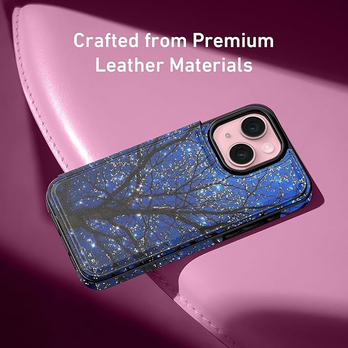 FUNMIKO for iPhone 15 Plus Wallet Case with Card Holder, RFID-Blocking, Military-Grade Protection & UV-Printed Artwork, Magnetic Closure with Leather Kickstand - Dreamy Wishing Tree