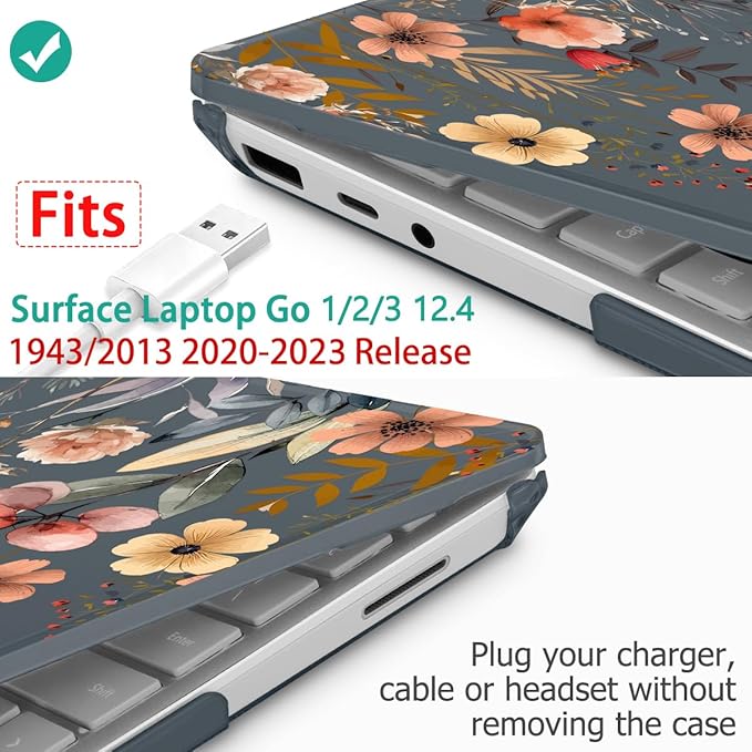 Tuiklol Case for 12.4 Inch Microsoft Surface Laptop Go 3/2 / 1 2023-2020 Releases, Plastic Hard Shell Case with Screen Protector and Keyborad Cover +Dust Plugs Model 2013/1943,Abstract Flower