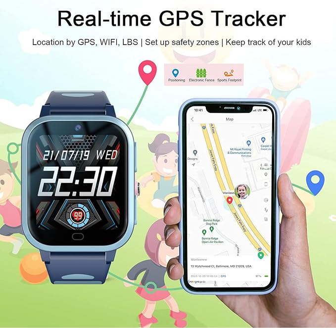 4G GPS Smart Watch for Kids Whatsapp Line Video Phone Call and Text Voice Chat SOS Alarm Message Anti-Lost Real-time Tracker Pedometer Silent Mode Camera TikTok Facebook Global Version Age 3-15 Gift