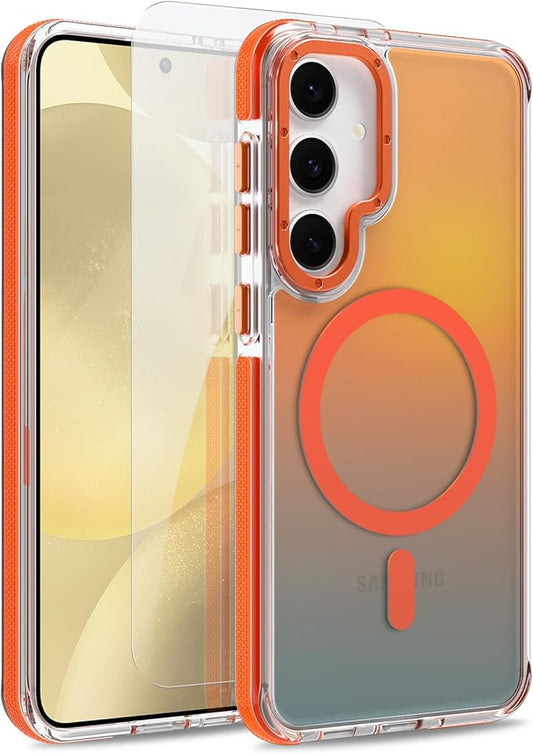 MOWIME Magnetic Case for Samsung Galaxy S24 Plus [Compatible with Magsafe] [Cute Fashion Fluorescent Design] [1 Screen Protector] Slim Translucent Matte Case for Galaxy S24 Plus 6.7", Orange