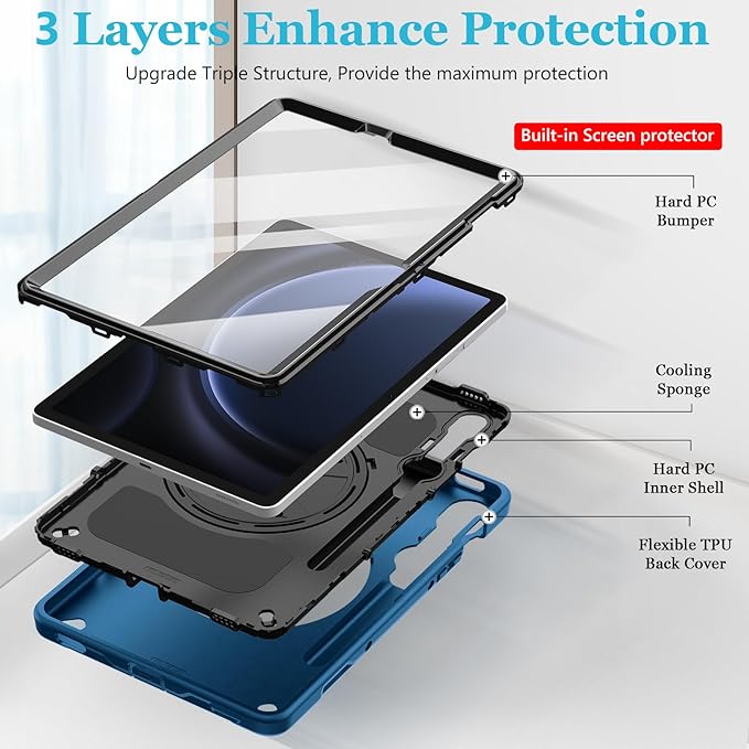 Case for Galaxy Tab S10 Lite &S10 FE S9 FE 10.9"/S9 11 Inch: TPU Cover for Samstng Tablet S10 FE/ 2025/ S9 FE & S9 2023 5G with Screen Protector- Stand- Handle-Shoulder Strap-S-Pen Holder-Blue