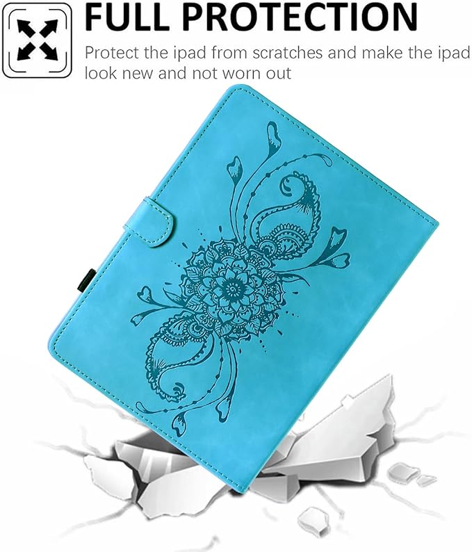 Mandala Flower Case Compatible with Galaxy Tab A9+ Plus 11 Inch 2024 2023 (SM-X210/X216/X218), Cute Elegant Embossed Suede Leather Folio Stand Case Protective Cover with Auto Wake/Sleep, SkyBlue