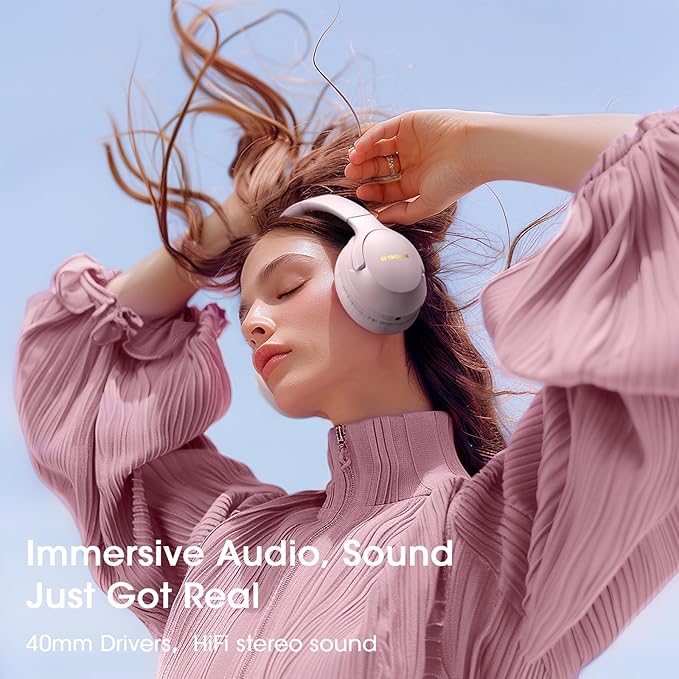 Bluetooth Headphones Over Ear, 80H Playtime Wireless Headphone with 3 EQ Modes, Built-in Mic, Deep Bass, HiFi Stereo Foldable Wireless Headset for iPhone PC Travel Workout Office (Pink)