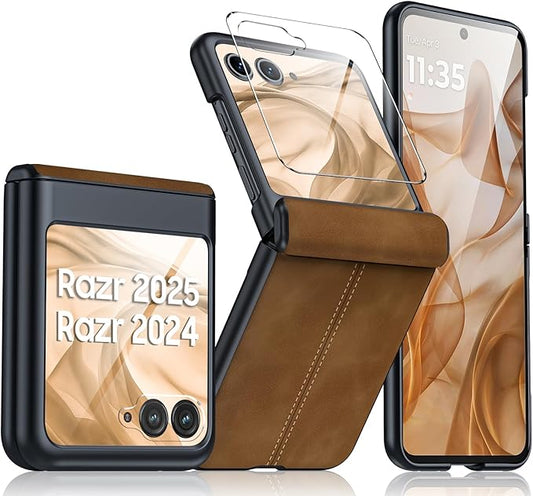 for Motorola Razr 2024 Case/Razr 2025 Case, Built-in Screen Protector & Hinge Protection & Ultra Thin PU Leather Matte PC Shockproof Phone Cover Smartphone Case for Moto Razr 2024/2025(Brown)