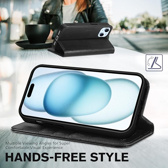 TUCCH Wallet Case for iPhone 15 5G, PU Leather Folio with [RFID Blocking] [3 Card Slot], Protective Kickstand [Shockproof TPU Interior Case] Compatible with iPhone 15 6.1" 2023, Textured Black