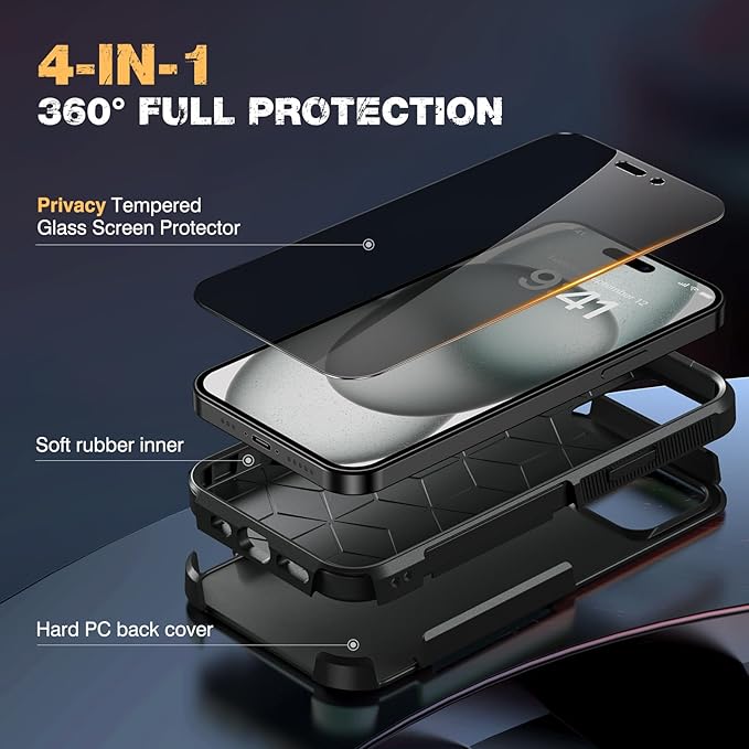 Diaclara Designed for iPhone 15 Plus Case, [with Privacy Screen Protector] [Anti Spy] [Military Grade Drop Protection] Heavy Duty Full-Body Shockproof Phone Case, Black