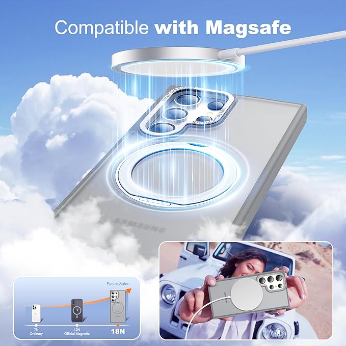 Compatible with Samsung Galaxy S22 & S23 Ultra Case with 360Rotatable Magnetic Ring Stand Compatible with Mag-Safe Military Protection Shockproof Translucent Phone Case,Gray