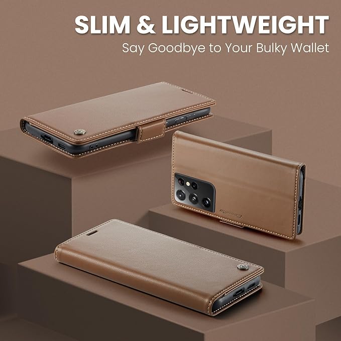 AUPAI for Samsung Galaxy S21 Ultra Wallet Case with Credit Card Holder, PU Leather RFID Blocking Folio Flip Kickstand Magnetic Clasp Protective Phone Cover for Women Men Brown