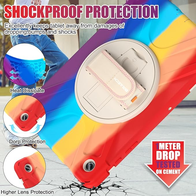 BRAECNstock Kids Case for Samsung Galaxy Tab A9+ Plus 11 inch (SM-X210/X216/X218) Shockproof Protective Case with Screen Protector Pen Holder [Rotating Hand Strap+Stand], Colorful Red