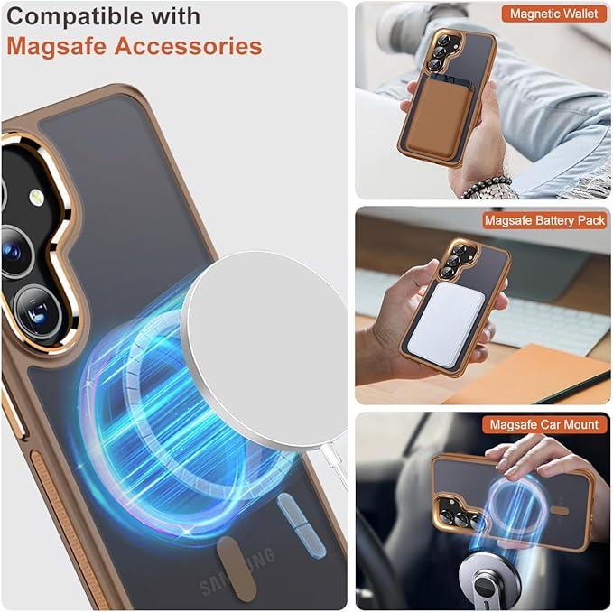Magnetic for Samsung Galaxy S24 Case, Anti-Slip Grip Edge for S24 Phone Case [Compatible for Magsafe] [Drop Protection], Camera Bezel Semi Transparent Cover for Samsung S24 (Brown)