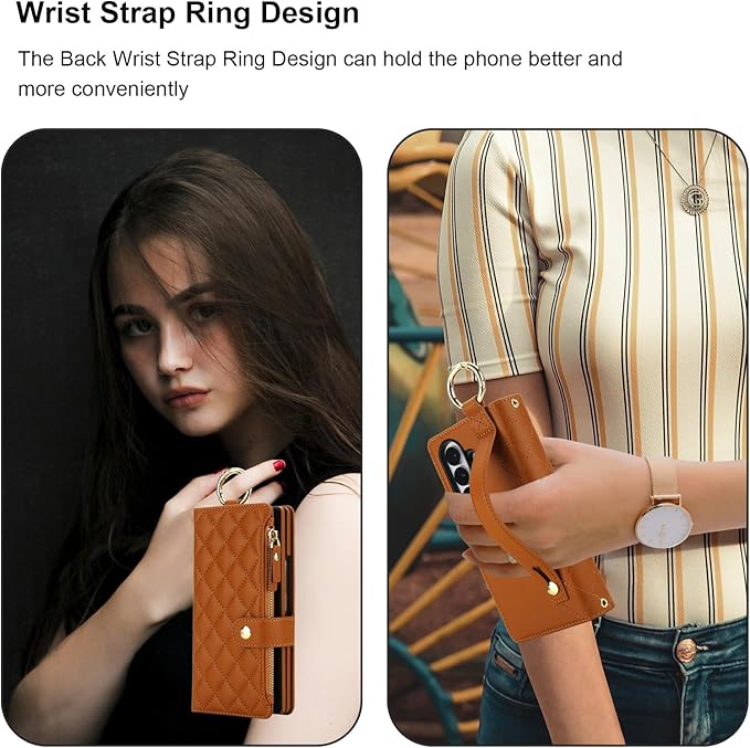 KIHUWEY for Galaxy Z Fold 7 Wallet Case with Card Holder Premium Leather Magnetic RFID Blocking Shockproof Zipper Wrist Strap Lanyard Cover for Samsung Galaxy Z Fold 7 8.0 Inch (Brown)
