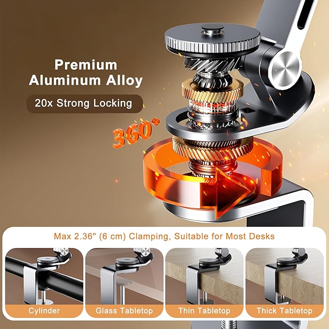 Magnetic Tablet Stand for Desk Aluminum Alloy Phone iPad Desk Holder Overhead Arm Mount with 360°Rotate Base for Magsafe/iPhone/Android/iPad (Magnetic Silver)