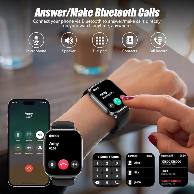 Smart Watch, 2.01" HD Touchscreen Fitness Watch, Bluetooth Calls, 120 Sports Modes Activity Tracker, 24/7 Heart Rate & Sleep Monitor, IP67 Waterproof, iOS Android Compatible (Black)