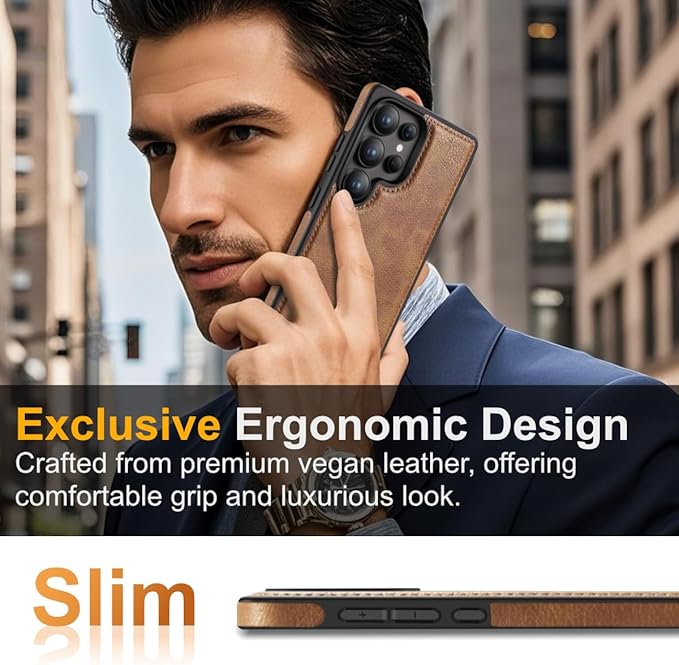 for Galaxy S25 Ultra Leather Case, Built-in Foldable Alloy Stand, with Camera Lens and Screen Protector, Slim Shockproof Kickstand Phone Cover 2025 (Brown)