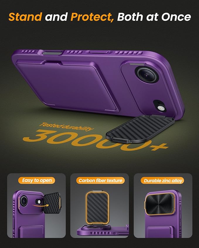 for iPhone Air Case, Built-in Card Holder & Stand & Lens Cover, Military Grade Drop Tested Soft Silicone Edge Rugged Kickstand Full Body Protective Wallet Phone Case for iPhone Air 2025, Purple