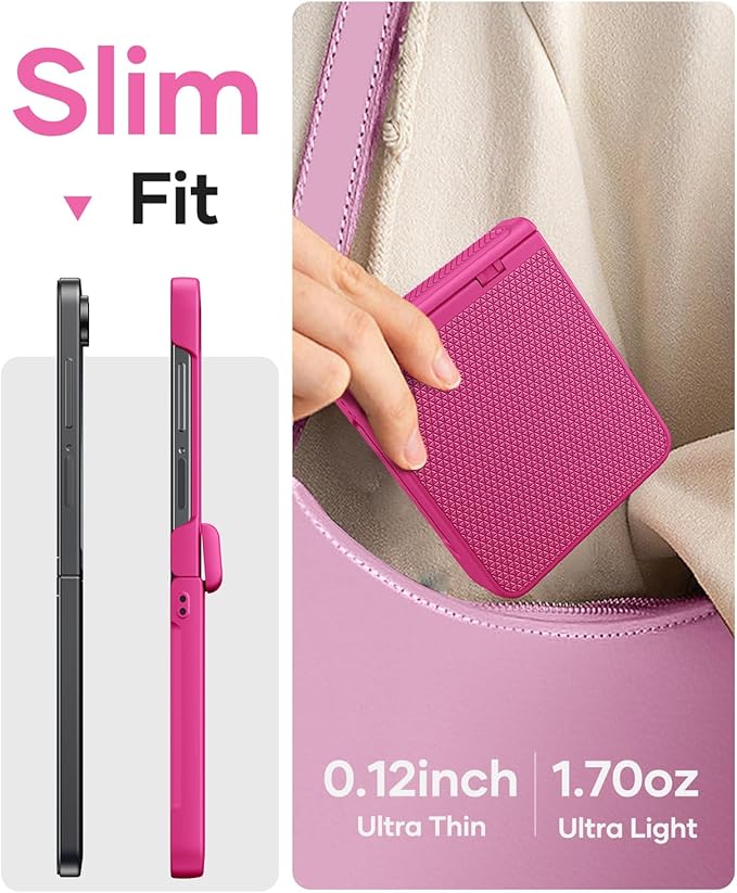 Vihibii for Samsung Galaxy Z Flip 7 Case Slim with Hinge Protection & Outer Screen Protector & Non-Slip Texture, Compatible with Wireless Charging, Shockproof Case for Galaxy Z Flip 7 2025, Hot Pink
