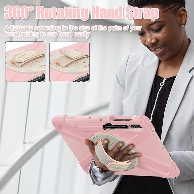 BRAECNstock for Samsung Galaxy Tab S10+ Plus/ S9 FE+ Plus/ S9+ Plus/ S8+ Plus/ S7 FE/ S7+ Plus 5G Case 12.4" Shockproof Protective Kids Cover with Rotating Hand Strap & Stand Pen Holder - Sakura Pink