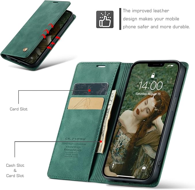 QLTYPRI Case for iPhone 14, Vintage PU Leather Wallet Case Card Slot Kickstand Magnetic Closure Shockproof Flip Folio Book Case Cover for iPhone 14(6.1 inch) - Dark Green