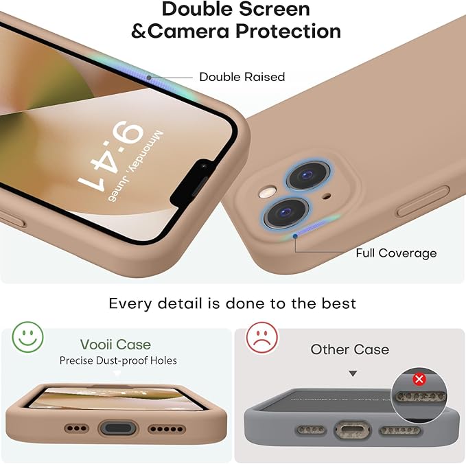 Vooii Compatible with iPhone 13 Case, Liquid Silicone Upgrade [Camera Protection] [Soft Anti-Scratch Microfiber Lining] Shockproof Phone Case for iPhone 13 6.1 inch - Light Brown