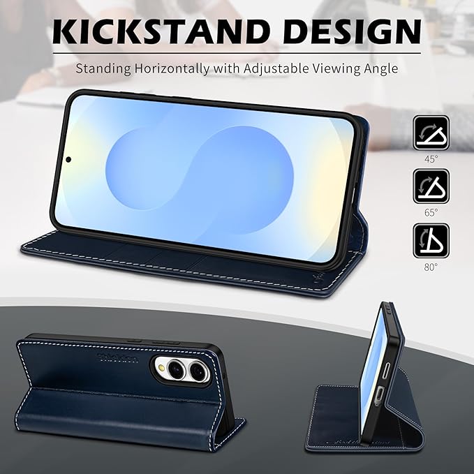 SHIELDON Case for Galaxy S25 Edge 6.7", Genuine Leather Flip Wallet Book Case Magnetic RFID Blocking Credit Card Holder Kickstand Shockproof Cover Compatible with Galaxy S25 Edge - Retro Dark Blue