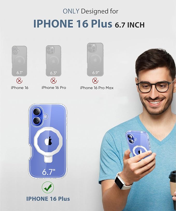 Compatible with iPhone 16 Plus Case, Built-in Screen Protector & Seamless Stand, with Camera Lens Protector, Strong Magnetic Clear Phone Case, Full Body Protective Cover for 6.7" (Clear)