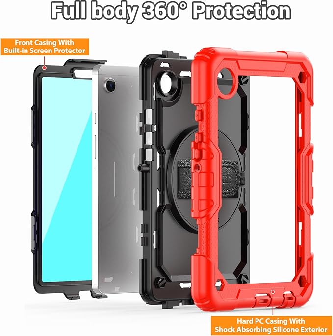 SEYMAC for Samsung Galaxy Tab A9 Case 8.7 Inch 2023 (SM-X110/X115/X117), Heavy Duty Shockproof Protective Case with Screen Protector, Rotating Stand, Hand/Shoulder Strap and Pen Holder, Red