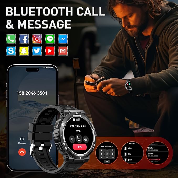 Military Smart Watches for Men (Answer/Make Calls) with LED Flashlight 3ATM Waterproof Smartwatch with 100+ Sports Modes 1.53" Fitness Tracker with Heart Rate Monitor for iPhone Android