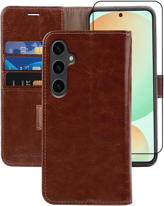 MONASAY Wallet Case Fit for Samsung Galaxy S24 FE 6.1 inch 5G,[RFID Blocking] Flip Folio Leather Cell Phone Cover with Credit Card Holder, Brown
