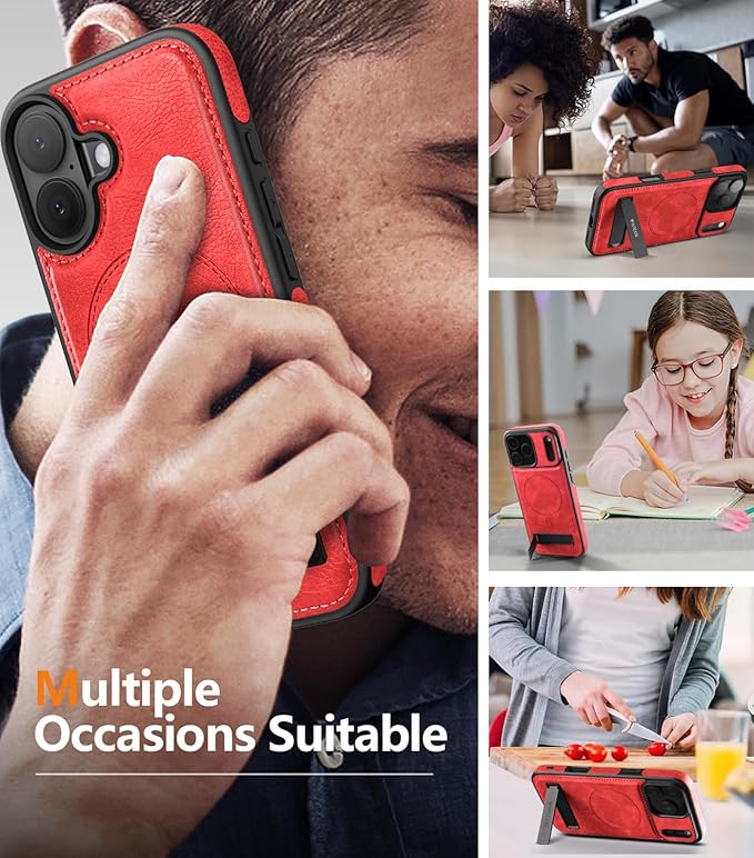 Magnetic for iPhone 17 Leather Case,Built-in Invisible Stand [Compatible with Magsafe] Protective Slim Kickstand Phone Cover for iPhone 17 Case, Red