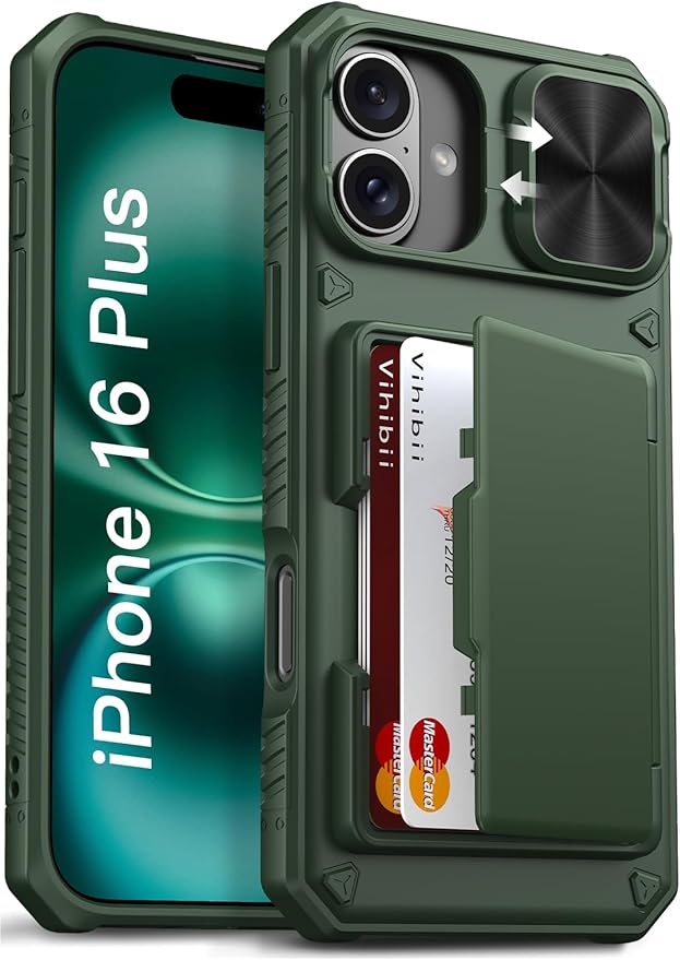 Vihibii for iPhone 16 Plus Case with Card Holder (4 Cards) [RFID Blocking] & Slide Camera Cover, Military Grade Drop Protection, Rugged Hard Back & Silicone Edge Wallet Phone Cover, 6.7" 2024, Green