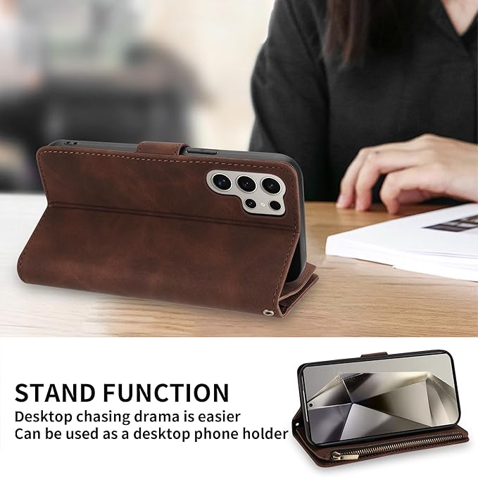 ZZXX for Samsung Galaxy S24 Ultra Wallet Case with RFID Blocking Card Slot PU Leather Zipper Flip Folio with Strap Kickstand Protective Cover for Samsung Galaxy S24 Ultra Case Wallet(Coffee-6.8 inch)