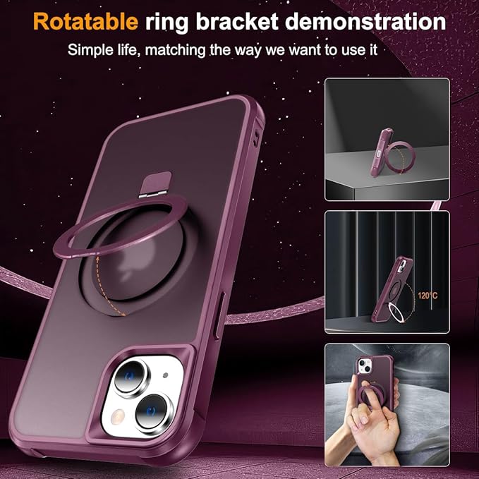 Magnetic Compatible with iPhone 14 Case with Stand [Military Grade Drop Tested][Compatible with Magnet] Ring Translucent Slim Hard Back Soft Edge, Wine Red