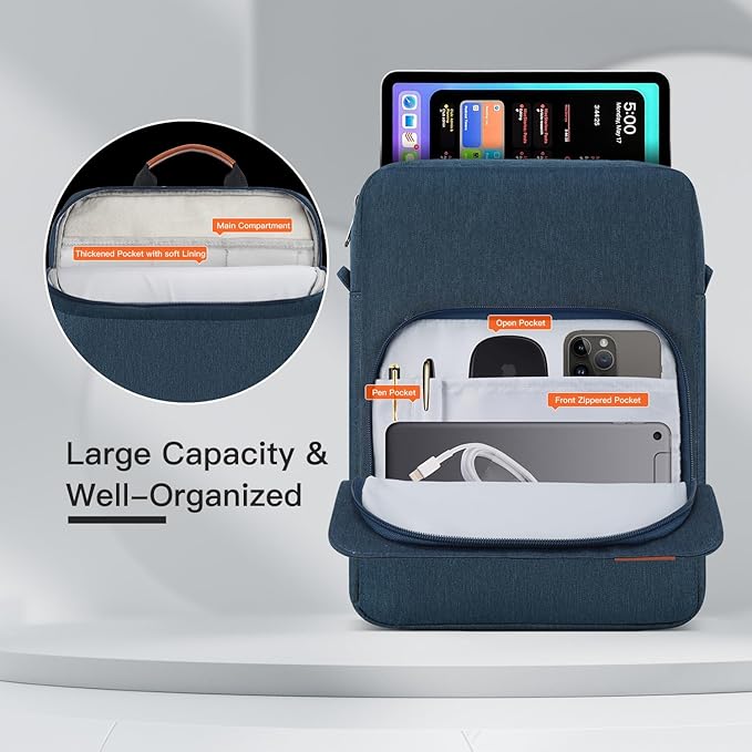13 inch iPad Air Sleeve Case Carrying Bag for iPad Pro 12.9 M2, Surface Pro 10/X/9, MacBook Pro 13/14 M3, MacBook Air 13.6 with Shoulder Strap,Navy Blue