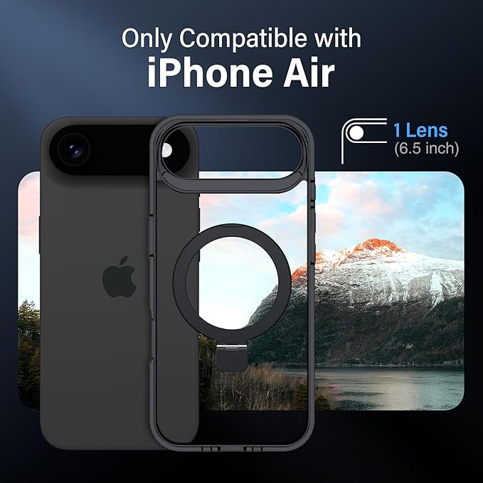 Magnetic Case for iPhone Air - [Built-in Invisible Stand] [Compatible with MagSafe] [Military Grade Drop Protection] Anti-Yellowing Hard Back Silicone Edge Cover, 6.5", Clear Black