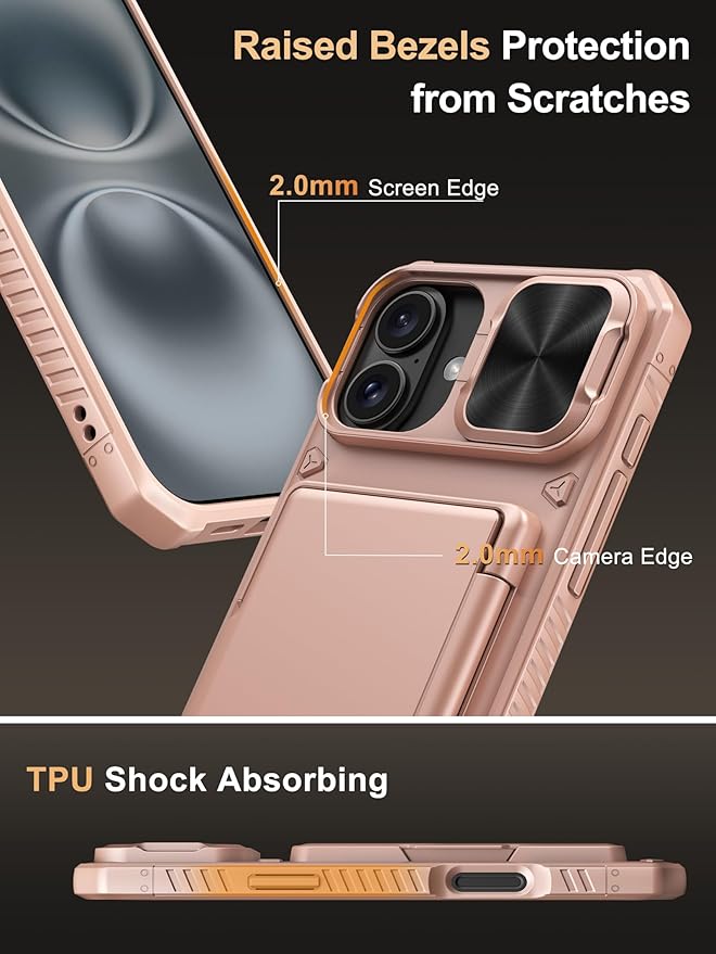 Vihibii for iPhone 16 Plus Case Wallet with Card Holder (4 Cards) [RFID Blocking] & Slide Camera Cover, Military Grade Drop Protection, Rugged Back & Silicone Edge Phone Cover, 6.7" 2024, Rose Gold
