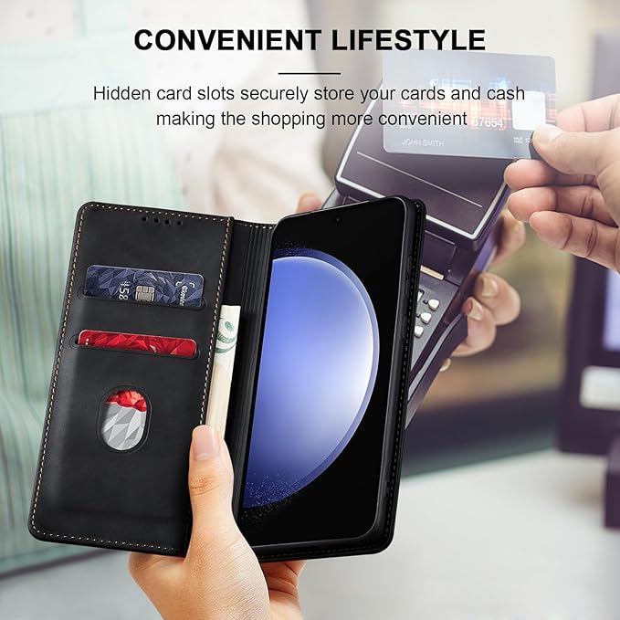 Jasonyu Flip Wallet Case for Samsung Galaxy S23 FE,Leather Magnetic Folio Cover with Card Holder,Kickstand - TPU Shockproof Durable Protective Phone Case,Black