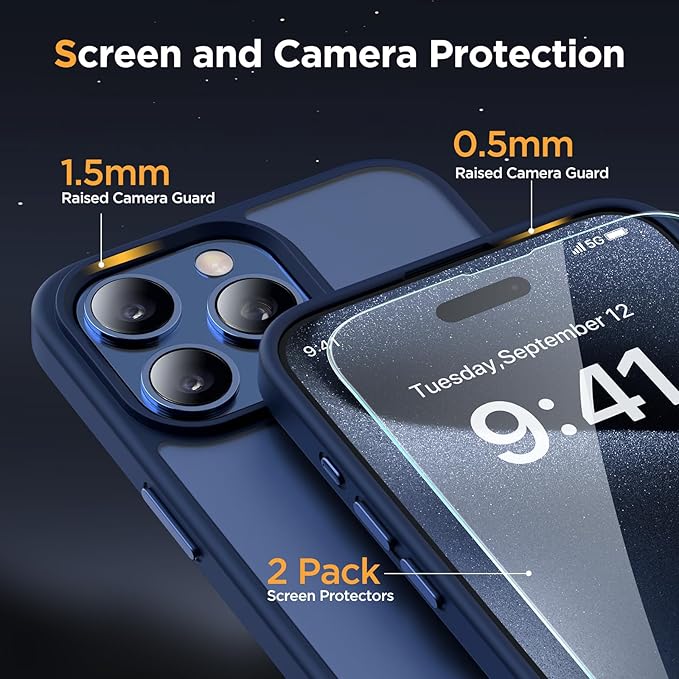 Miracase Magnetic for iPhone 15 Pro Max Case 6.7 inch (Compatible with MagSafe)（with 2X Screen Protectors） Military-Grade Protection, Anti-Fingerprint Translucent Matte Phone Cover, Dark Blue