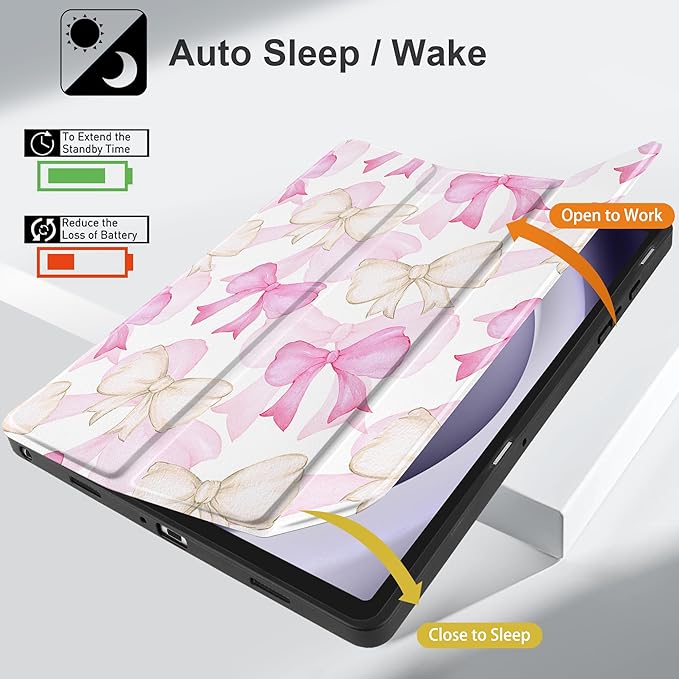 MEEgoodo Case for Samsung Galaxy Tab A9 Plus 11 inch Cover 2024 2023 with S Pen Holder, A9+ Smart Tablet Cases with Leather Trifold Stand+Soft TPU Back Shell+Smart Auto Wake/Sleep, White & Pink Bows