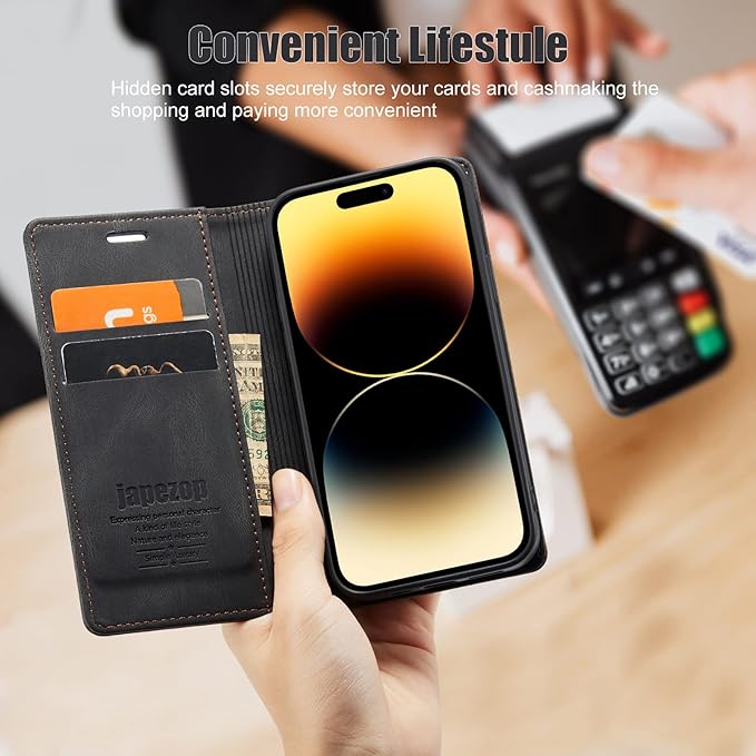 japezop iPhone 14 Pro Wallet Case with [RFID Blocking] Credit Card Slots Folio Magnetic Stand,Leather Flip Case Wallet for iPhone 14 Pro 5G 6.1 Inch (Black)