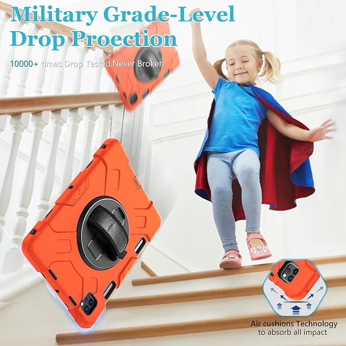 Case for iPad Pro 11 Inch 2022/2021/ 2020/2018: Silicone Cover for iPad 11 Inch 4th/ 3rd/ 2nd/ 1st/ Generation with Screen Protector- Stand- Handle- Shoulder Strap- Pencil Holder-Orange