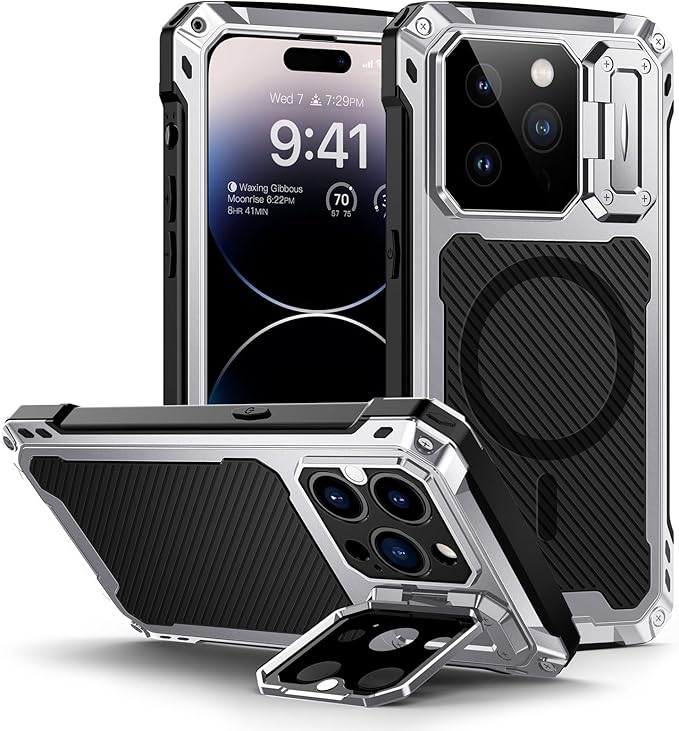 Lanhiem for iPhone 14 Pro Metal Case, [Built-in Camera Kickstand & Glass Screen Protector] Protective Heavy Duty Full Body Military Rugged Shockproof Magnetic Cover for iPhone 14 Pro 6.1" (Silver)