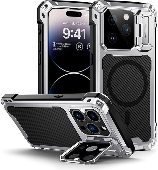 Lanhiem for iPhone 14 Pro Metal Case, [Built-in Camera Kickstand & Glass Screen Protector] Protective Heavy Duty Full Body Military Rugged Shockproof Magnetic Cover for iPhone 14 Pro 6.1" (Silver)