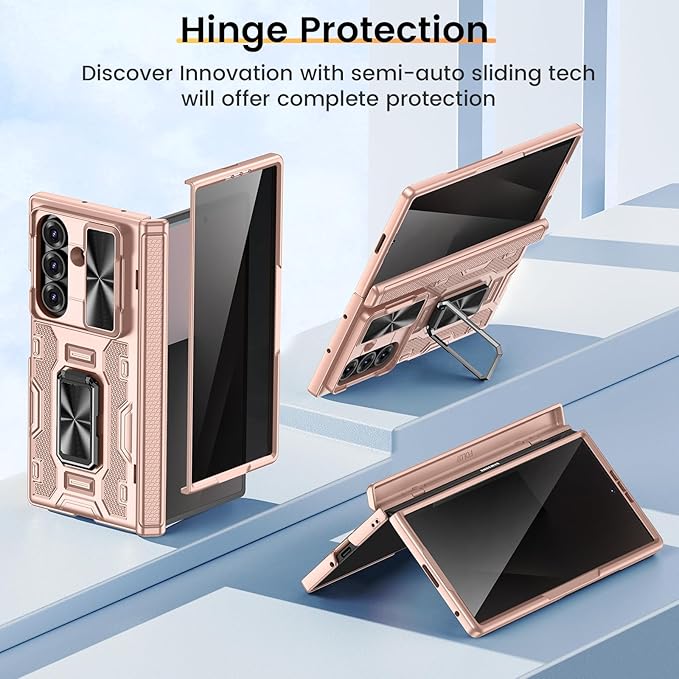 VEGO for Galaxy Z Fold 7 Case with Stand, Built-in Screen Protector [Anti-Peeping] [Hinge & Camera Protection] Rugged Full Cover Military Grade Shockproof Anti-Drop Phone Case for Z Fold 7 -Rose Gold