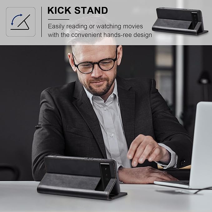 Jasonyu Flip Wallet Case for Google Pixel 6 Pro 5G,Leather Magnetic Folio Cover with Card Holder,Kickstand - TPU Shockproof Durable Protective Phone Case,Black