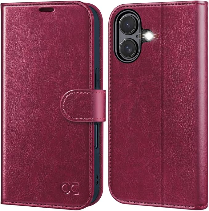 OCASE Compatible with iPhone 16 Wallet Case, PU Leather Flip Folio Case with Card Holders RFID Blocking Kickstand [Shockproof TPU Inner Shell] Phone Cover 6.1 Inch 2024, Burgundy