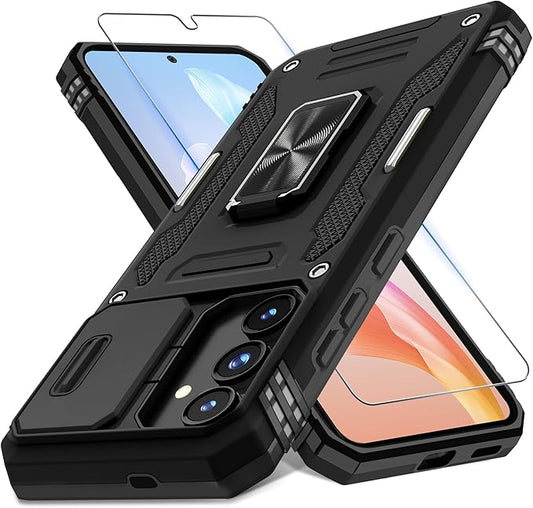 DEERLAMN Case for Samsung Galaxy S25 FE 6.7-Inch with Slide Camera Cover+Screen Protector(1 Pack), Rotated Ring Kickstand Military Grade Shockproof Protective Cover-Black